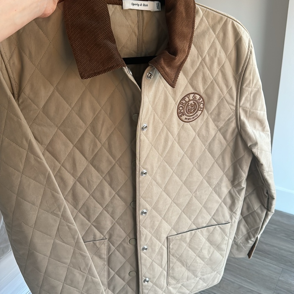 Sporty & Rich Tan Quilted Jacket with Brown Collar